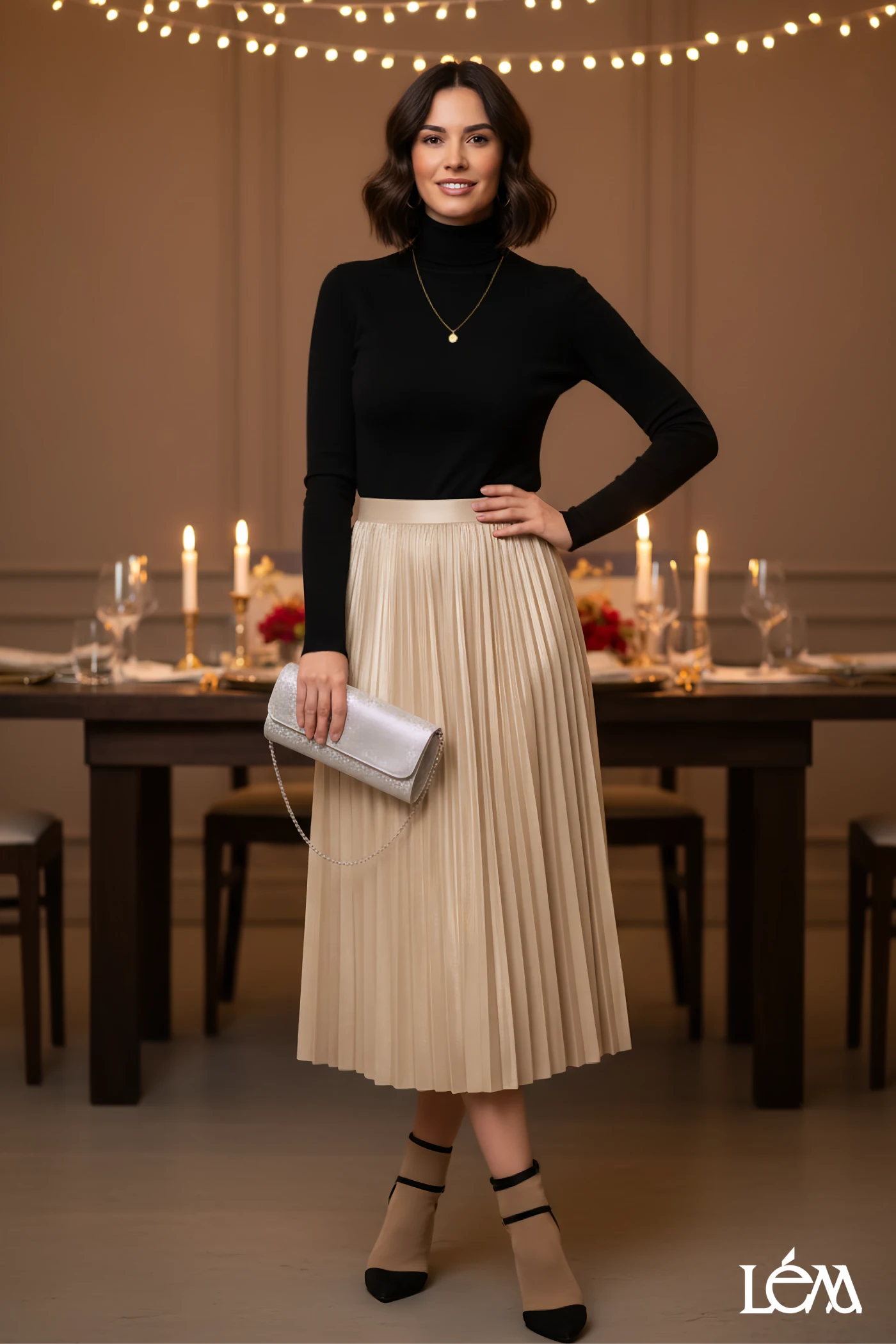 Editorial styling for Holiday Party Outfit With Pleated Skirt — Elegant Chic